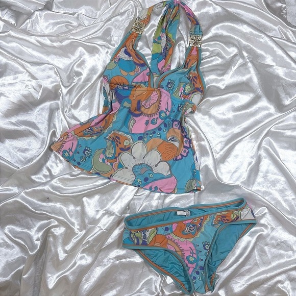 Trina Turk Other - y2k Trina Turk Tankini Swimsuit Blue Psychedelic Floral Halter Set 6